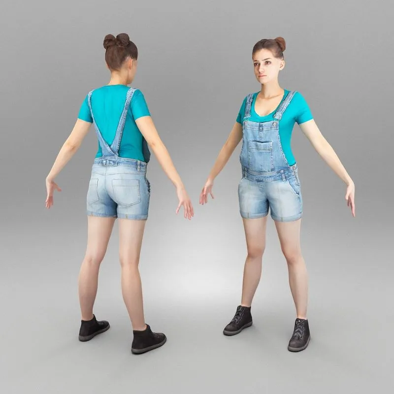 PBR Game 3D Models - Beautiful woman in jeans overalls in A-pose 408