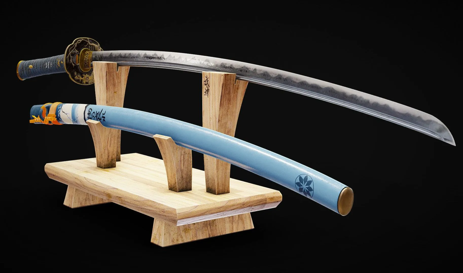 PBR Game 3D Models - Blue Odachi Large Samurai Sword Katana