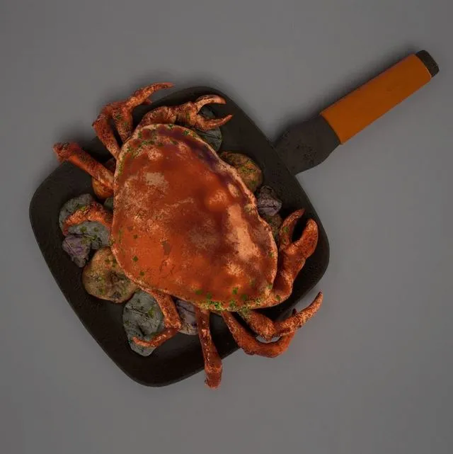 PBR Game 3D Models - Boiled Crab in a Frying Pan