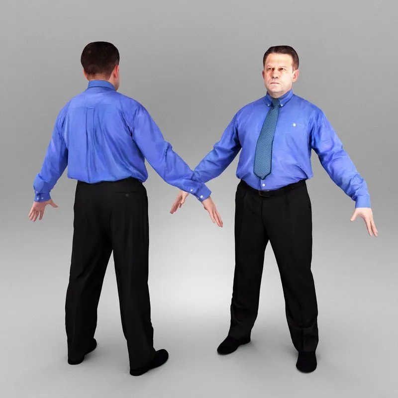 PBR Game 3D Models - Businessman in blue shirt and tie in A-pose 387
