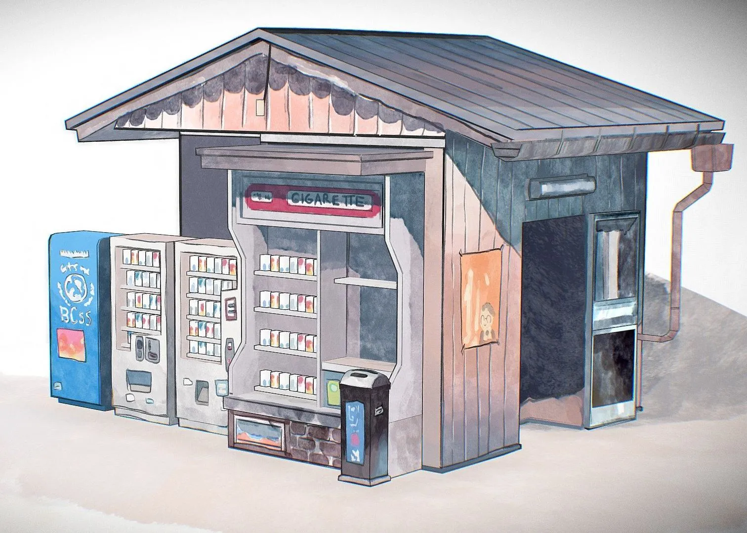 PBR Game 3D Models - Cabin Vendor Watercolor Scene