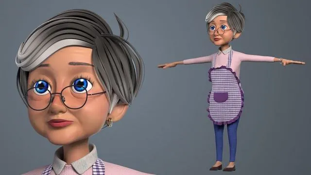 PBR Game 3D Models - Cartoon Old Woman GrandMa NoRig