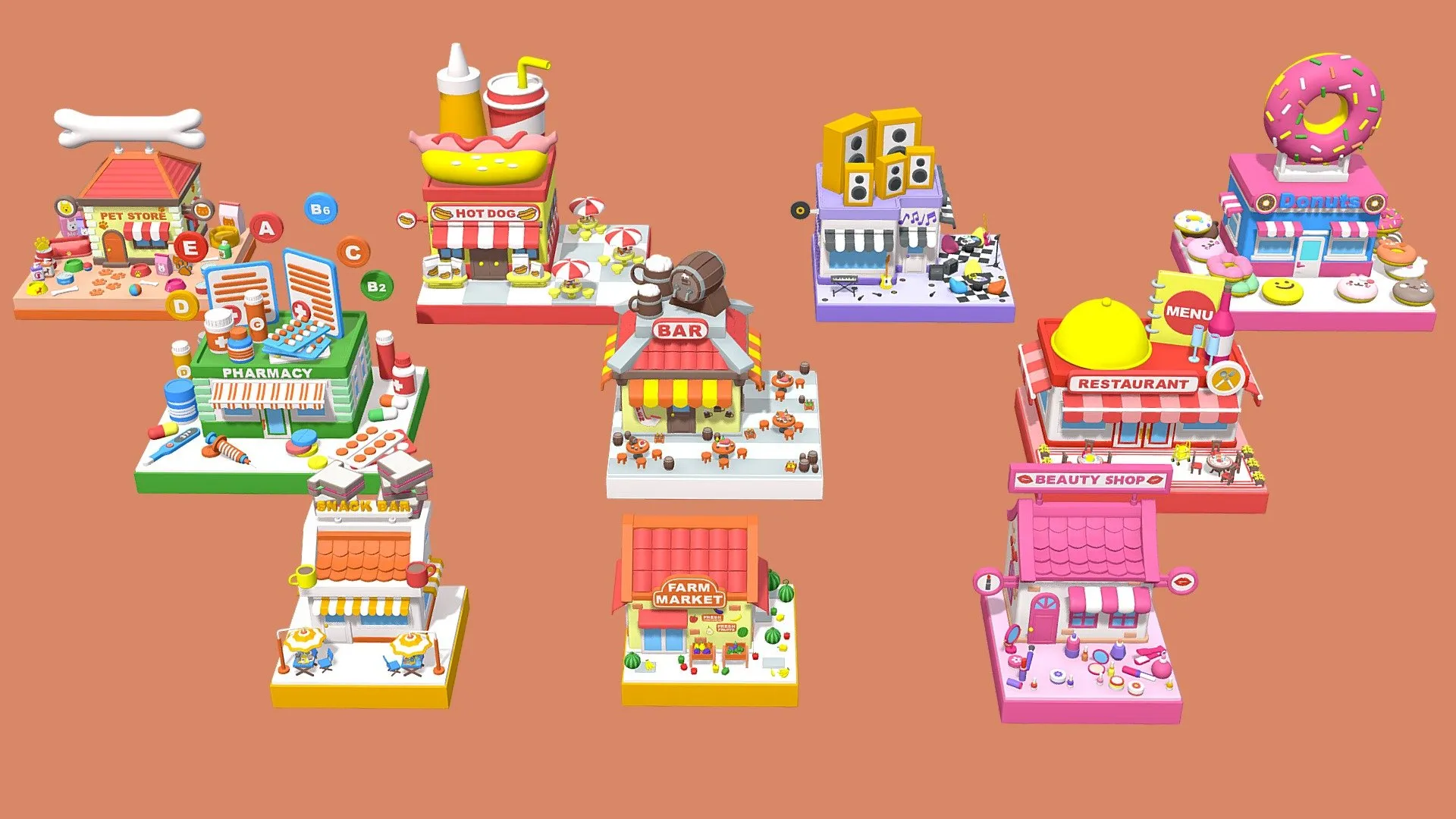 PBR Game 3D Models - Cartoon Stores Eateries Islands Exteriors 2