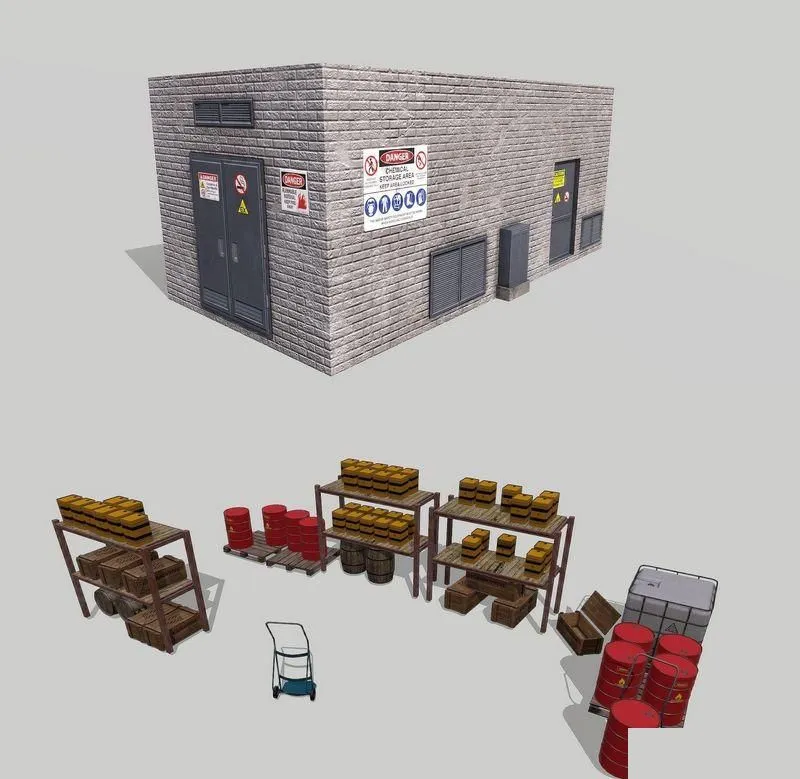 PBR Game 3D Models - Chemical Explosive Wharehouse and Chemical Containers