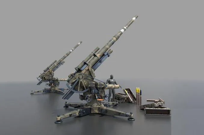 PBR Game 3D Models - Flak 88 mm anti air craft and anti Tank with ammo
