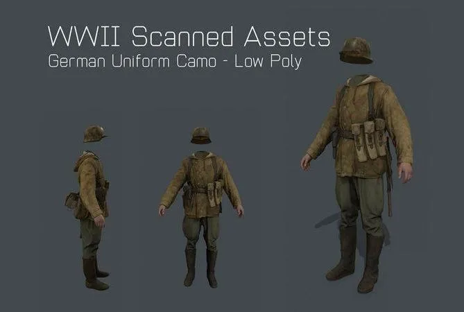 PBR Game 3D Models - German Uniform Camo – WW2 Scanned Asset Pack Low-poly