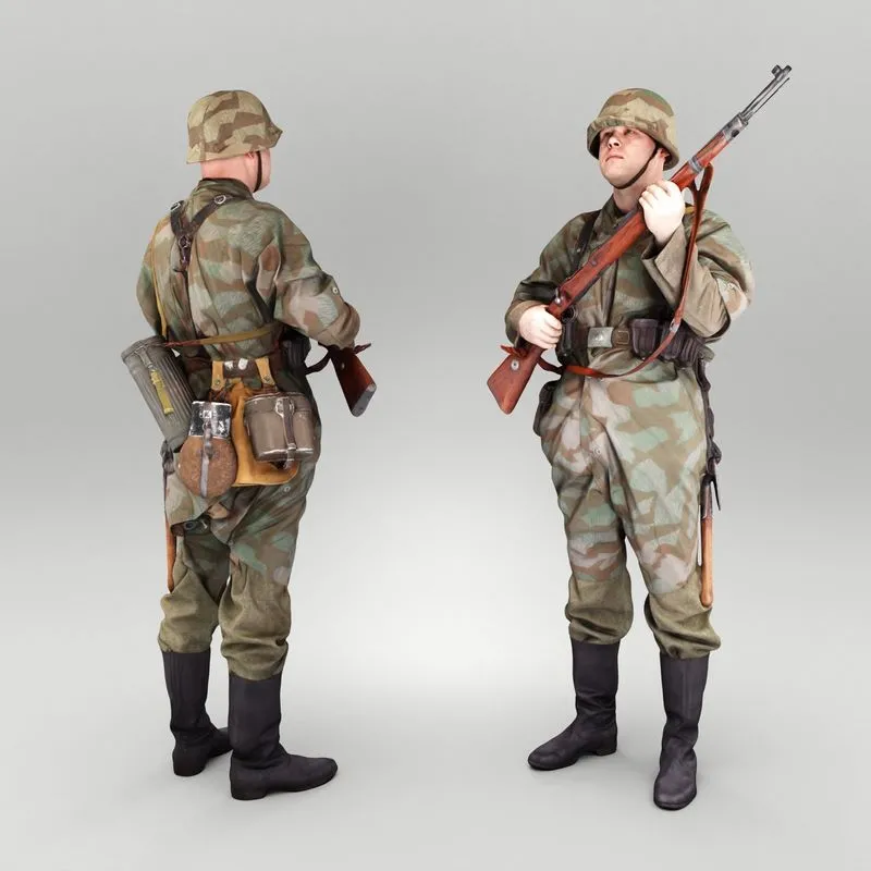 PBR Game 3D Models - German Wehrmacht soldier with gun 436