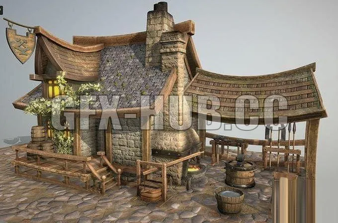 PBR Game 3D Models - gg-ff-xx()hh-uu-bb-BlackSmith Bulding