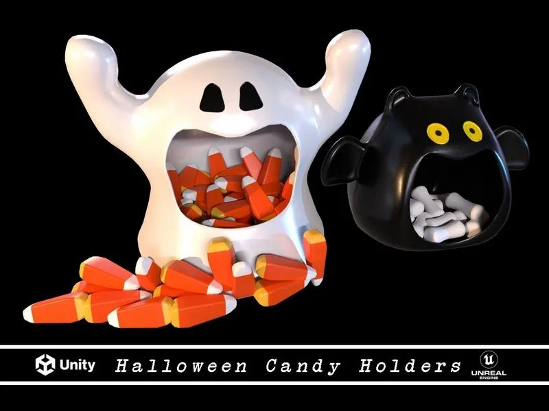 PBR Game 3D Models - Ghost and Bat Halloween Candy Holder
