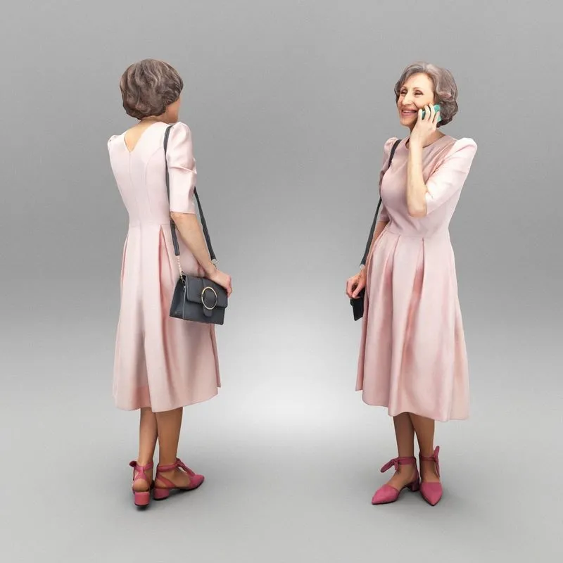 PBR Game 3D Models - Mature woman in dress talking on mobile phone 358