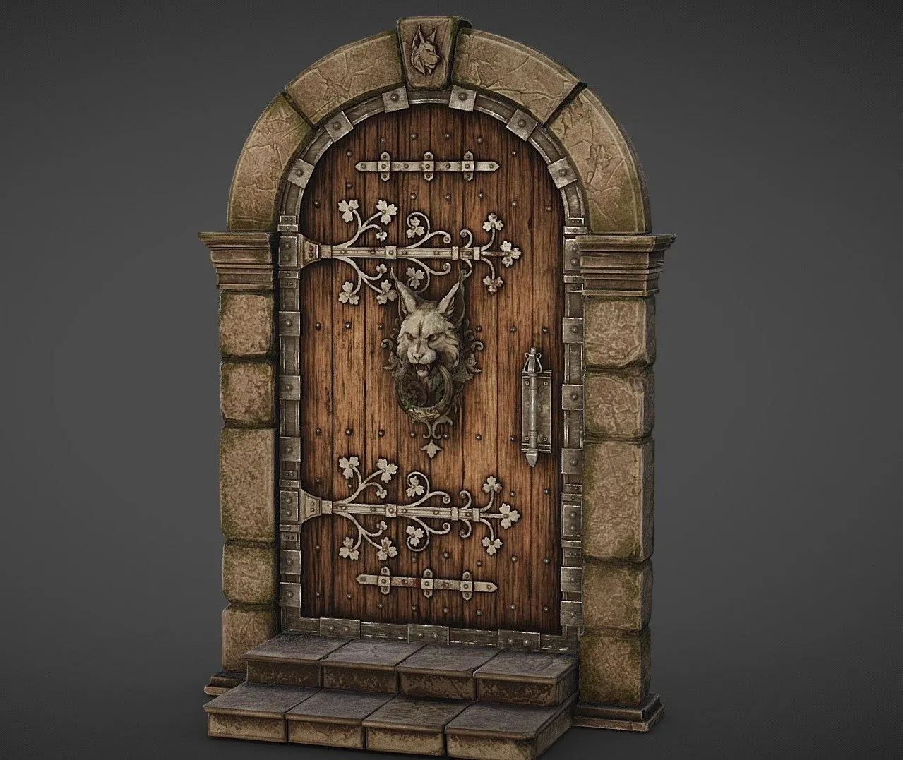 PBR Game 3D Models - Medieval Door With Lynx Door Knocker