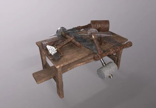 PBR Game 3D Models - Medieval Table-Saw-Hammer