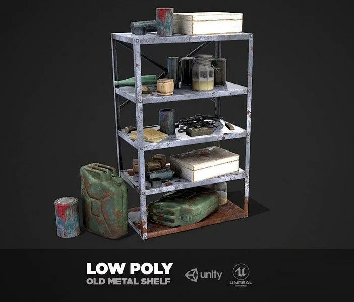 PBR Game 3D Models - Metal Shelf Collection with garbage
