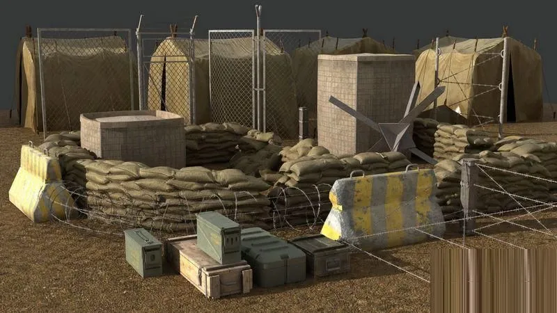 PBR Game 3D Models - Military Barricade tent sandbag Barbwire Barricade