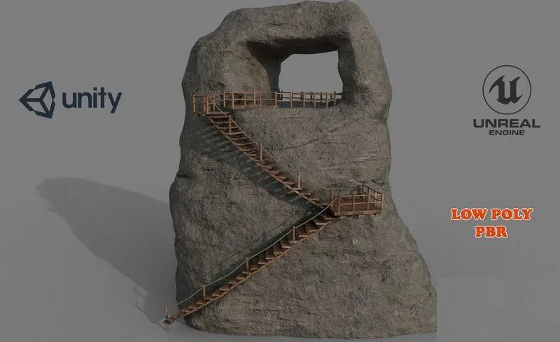 PBR Game 3D Models - Mountain and Wooden Stairs