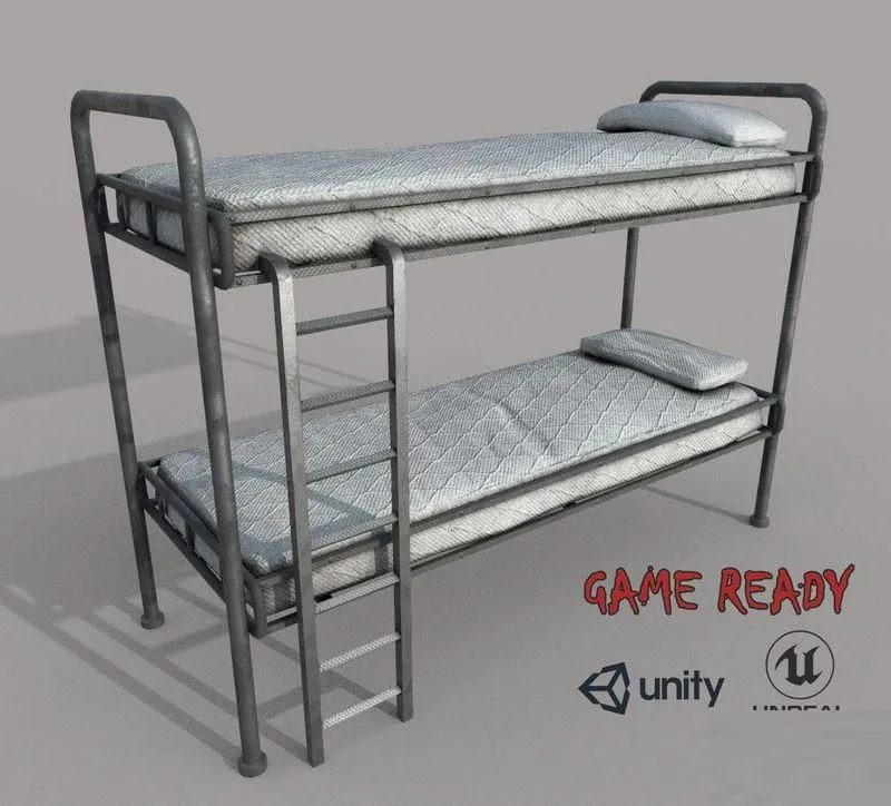 PBR Game 3D Models - Old Bunk Bed Mattress and Pillows