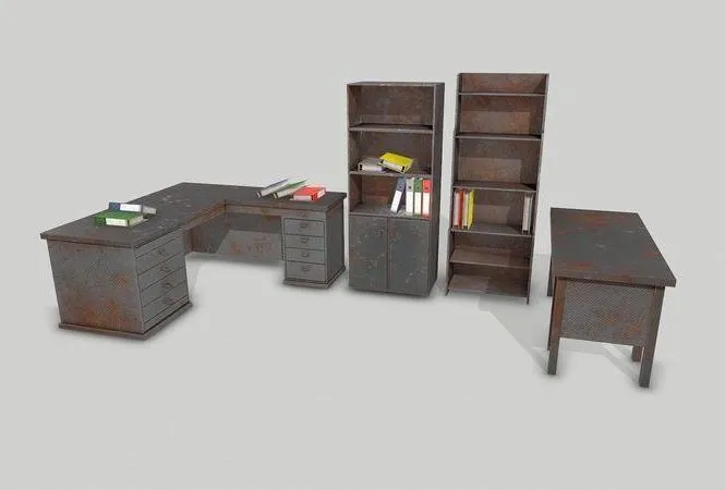 PBR Game 3D Models - Old Office Desks Cabinets and Folders