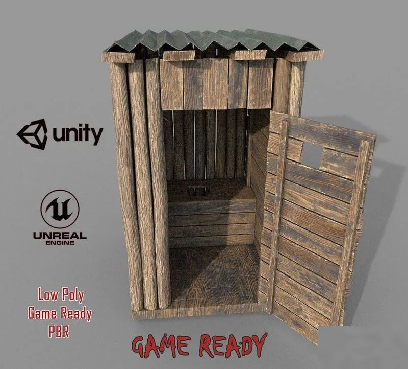 PBR Game 3D Models - Outdoor Wooden Toilet 4