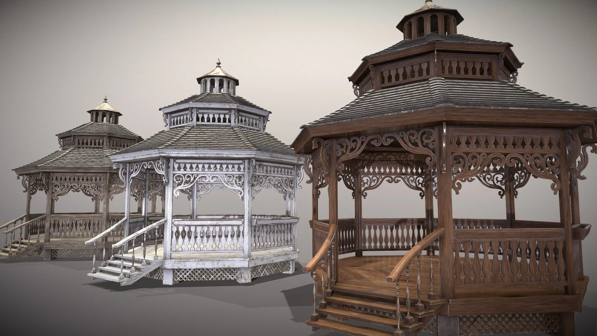 PBR Game 3D Models - Pack Of Wooden Gazebos
