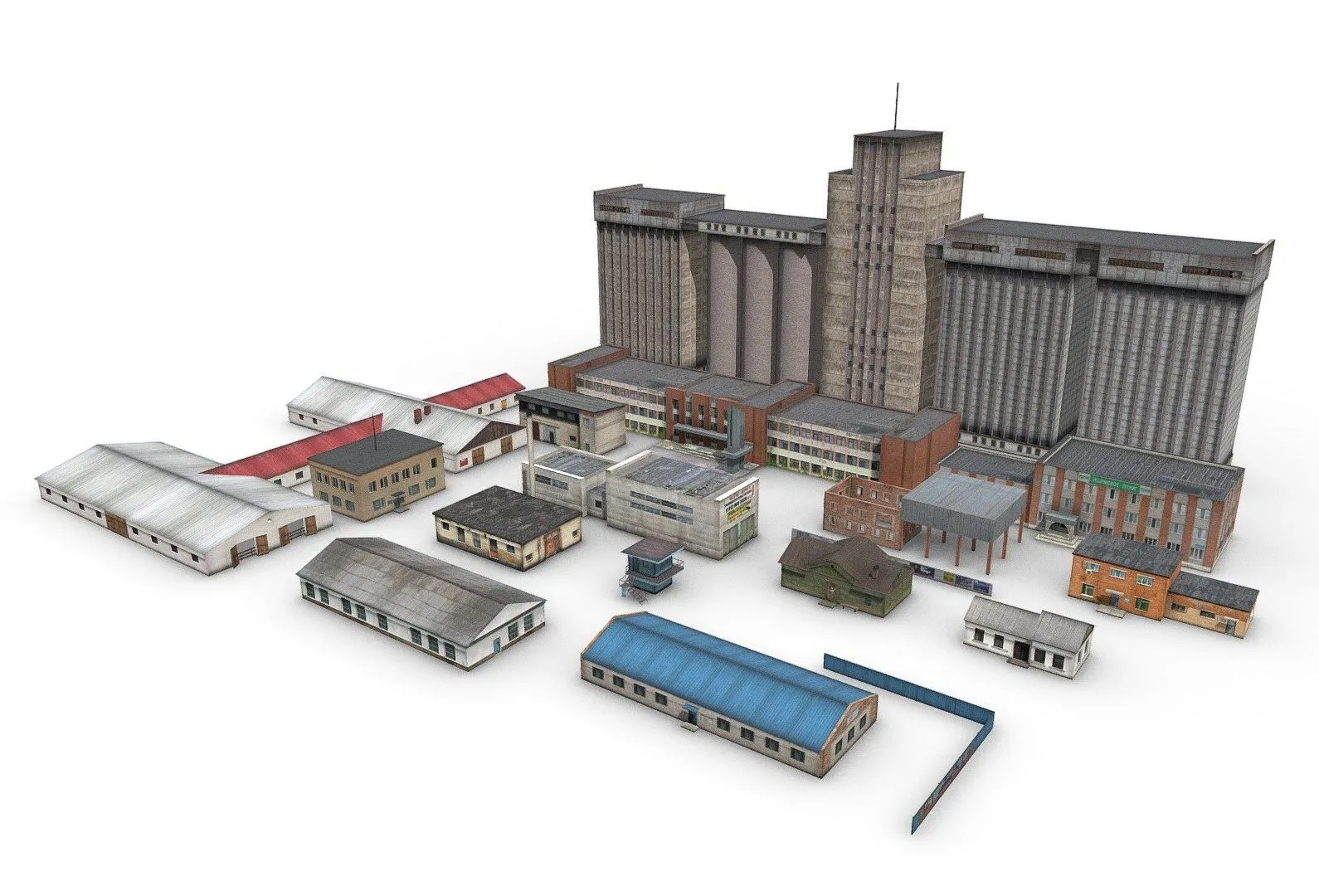 PBR Game 3D Models - Pack Old Industrial And Office Buildings