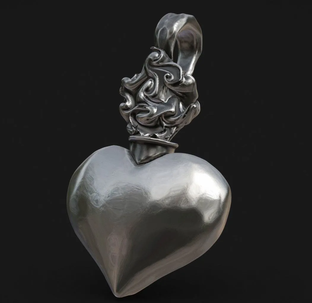 PBR Game 3D Models - Pingente Fire Heart Prata