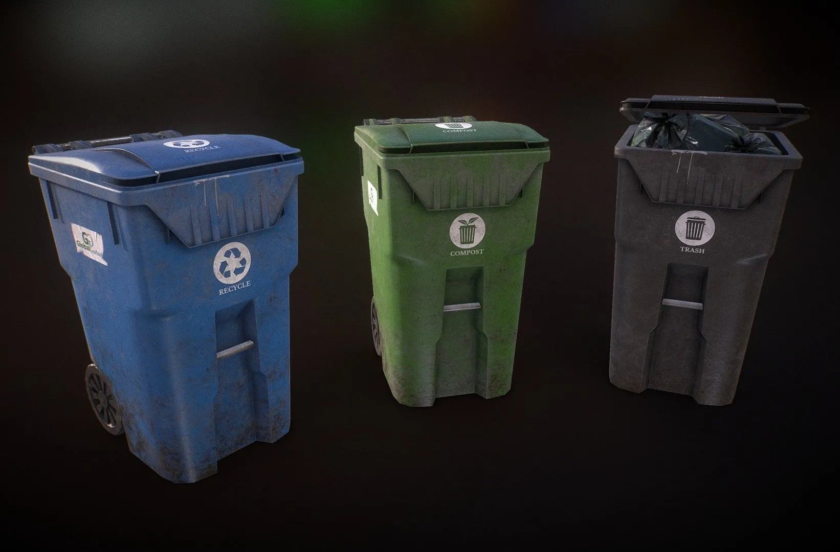 PBR Game 3D Models - Plastic Trash Bin With Garbage Bags Low Poly