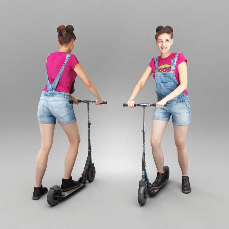 PBR Game 3D Models - Smiling young woman with scooter 360