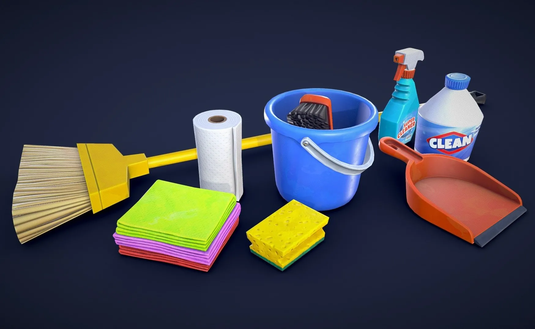 PBR Game 3D Models - Stylized Cleaning Supplies Low Poly