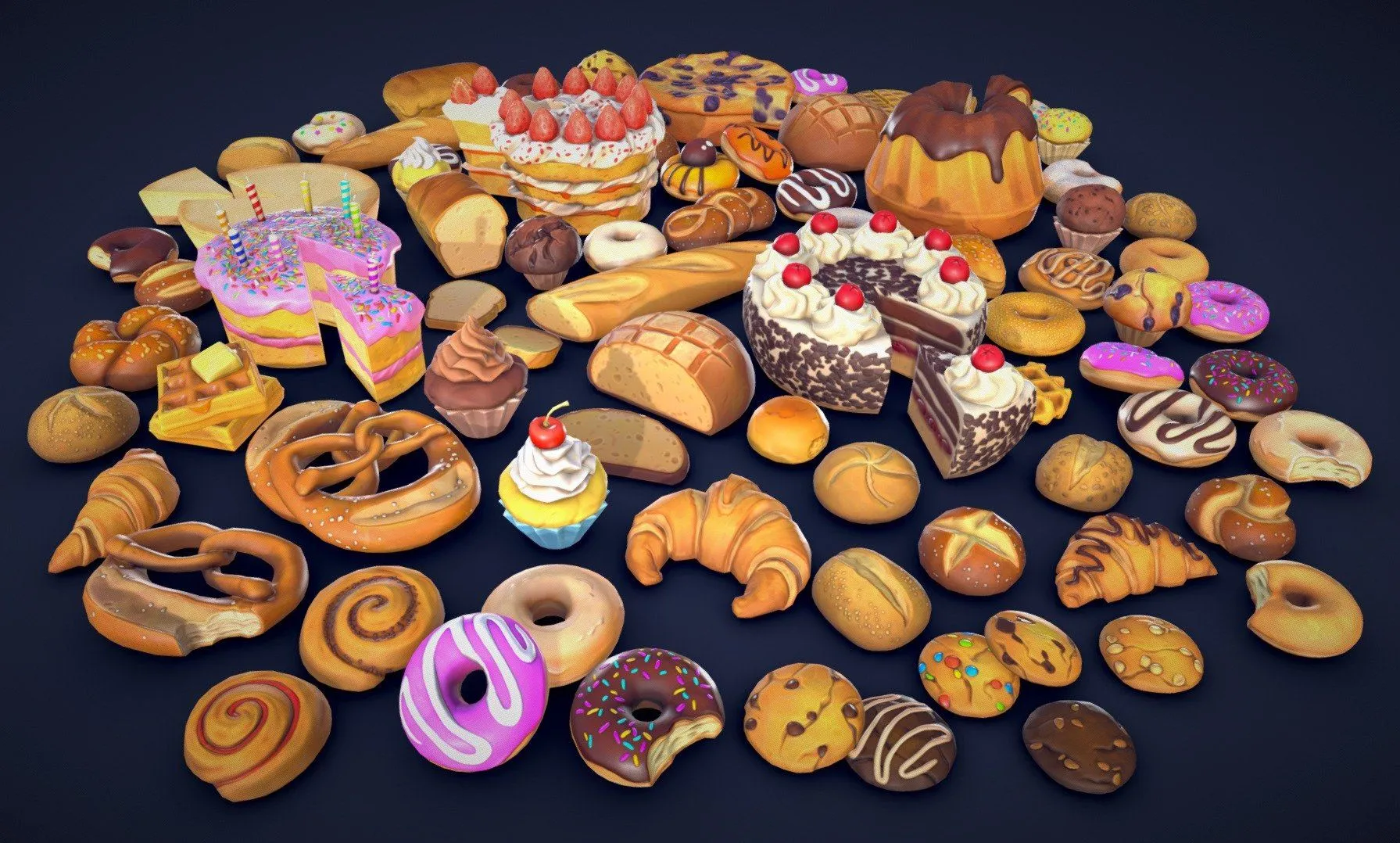 PBR Game 3D Models - Stylized Pastries Collection Low Poly
