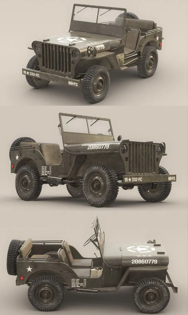 PBR Game 3D Models - US Army Willys Jeep -B