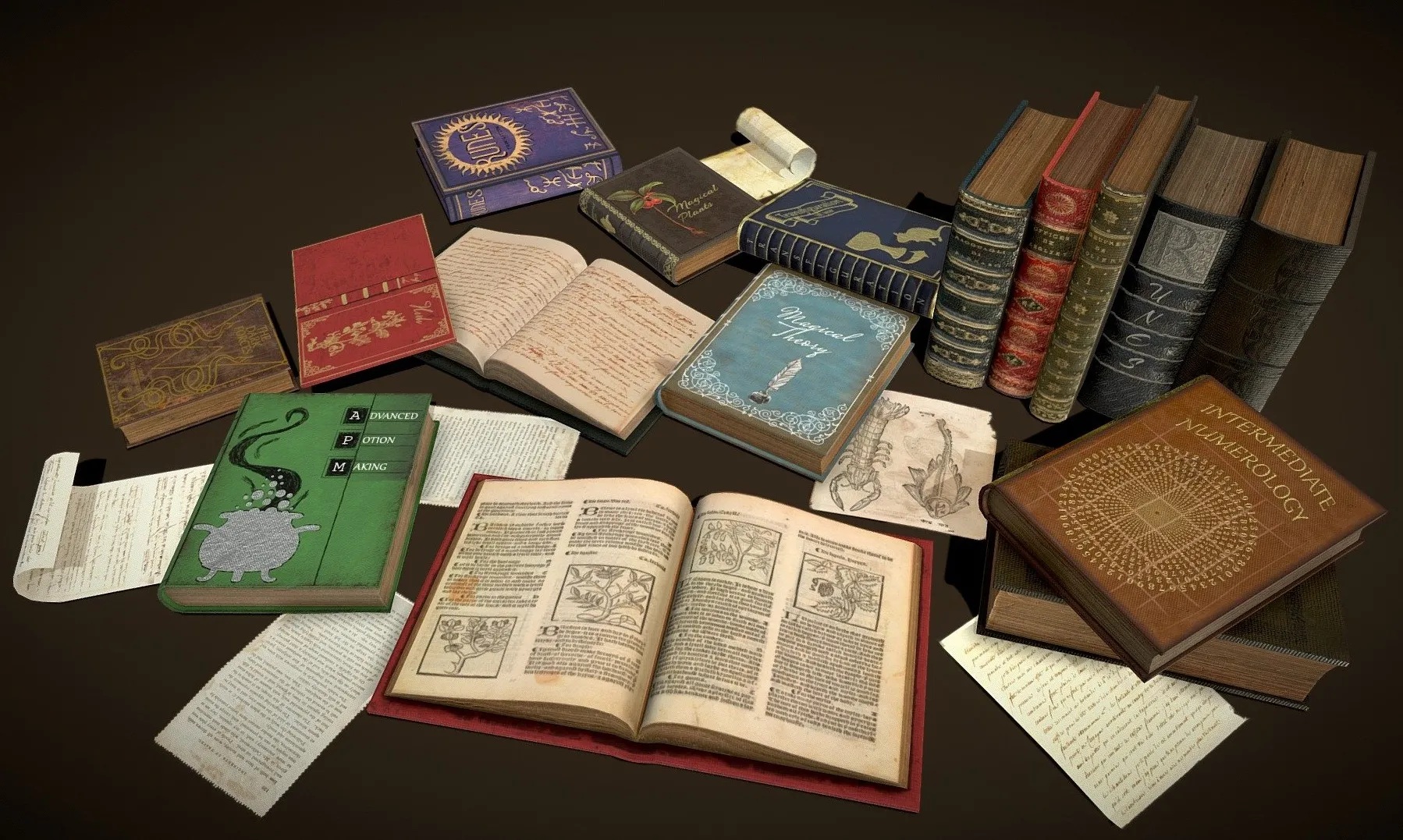 PBR Game 3D Models - Wizard Themed Books And Textbooks