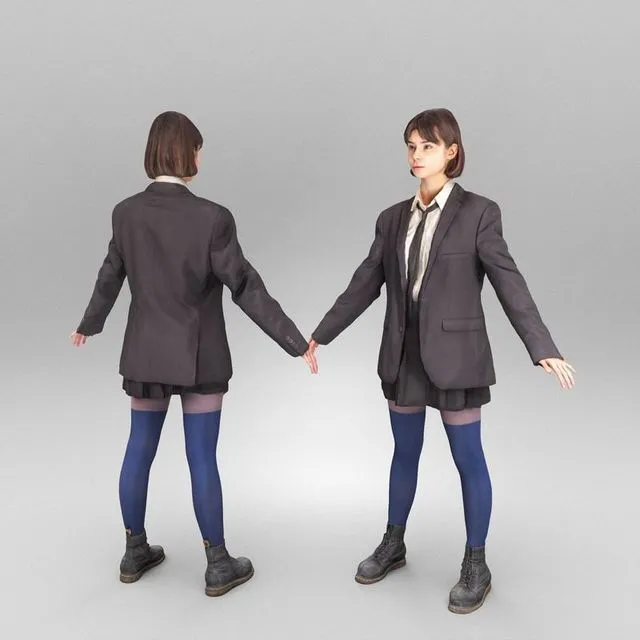 PBR Game 3D Models - Woman in school uniform ready for animation 341