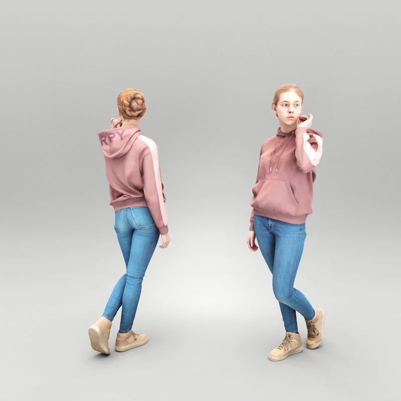 PBR Game 3D Models - Young woman in hoodie walking 426