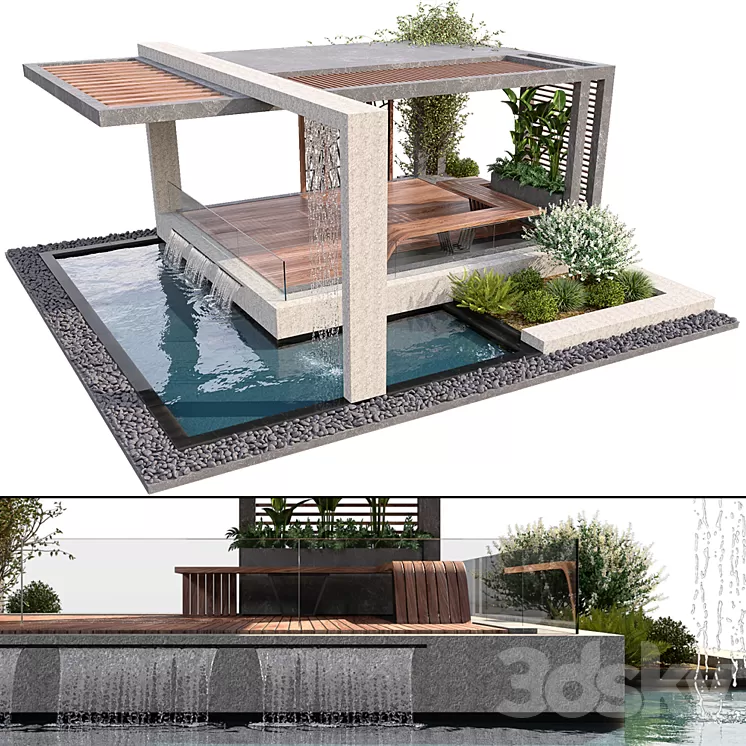 Pergola With Water & Plants 3D Model