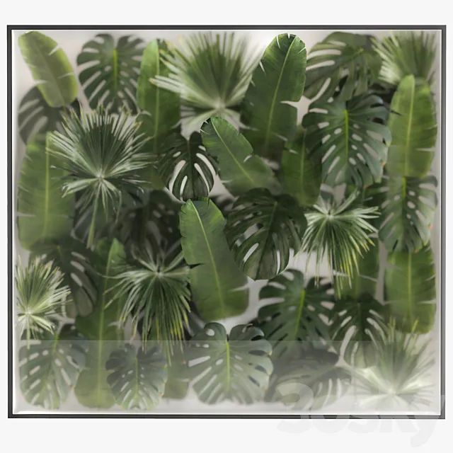 Phytowall and phytobox made of banana palm branches and fan palm leaves in a niche behind a translucent stack. Bouquet 287. 3DModel