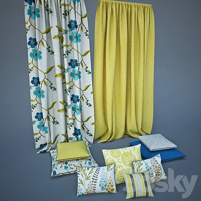 Pillows and curtains with fabrics Harlequin 3D Model
