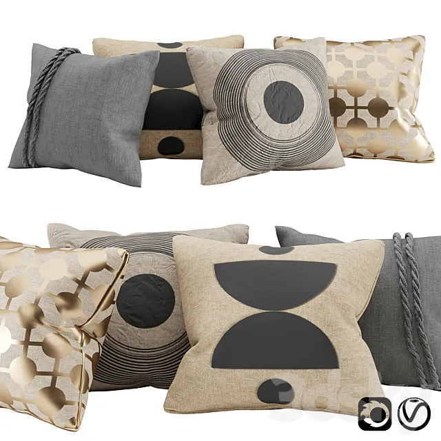 Pillows with gold. black block print and braid 3DModel