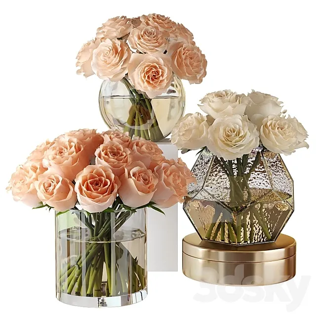 Pink and white roses in glass vases 3DModel