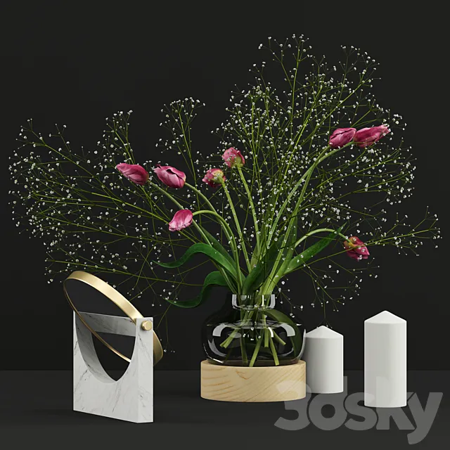 Pink tulips and Gypsophila set 3D Model