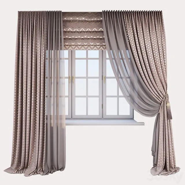 Pink velor curtains with a gold print 3D Model