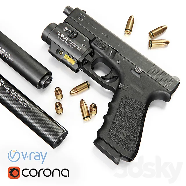 Pistol Glock 17 Gen4 + Flashlight with laser pointer 3DModel