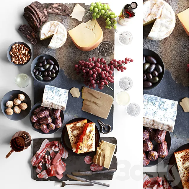 Plateau with fruit cheese and meat. Food 3D Model