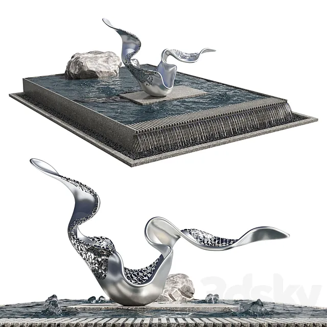 Pond with rock & sculpture Free Download