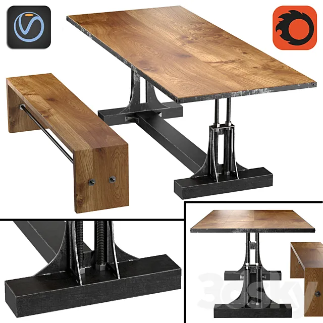 Post Industrial table and bench 3DModel