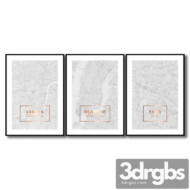 Posters with maps of london paris and new york. 3D Model Free