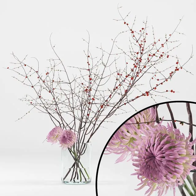 Prunus branches and chrysanthemums 3D Model