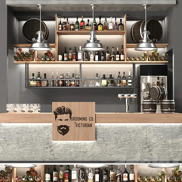 Pub with strong drinks in ethnic style with decorative kegs. Alcohol 3DModel