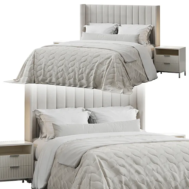 Qween Wingback Striped Headboard Bed 3D Model