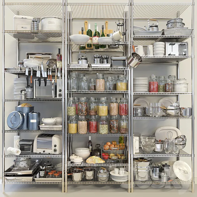 Rack for pantry with spices and kitchen utensils. Crockery and service 3D Model