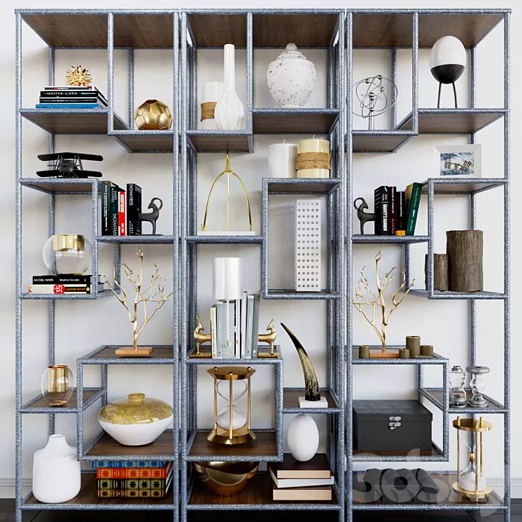 Rack with books decor and vases 3D Model